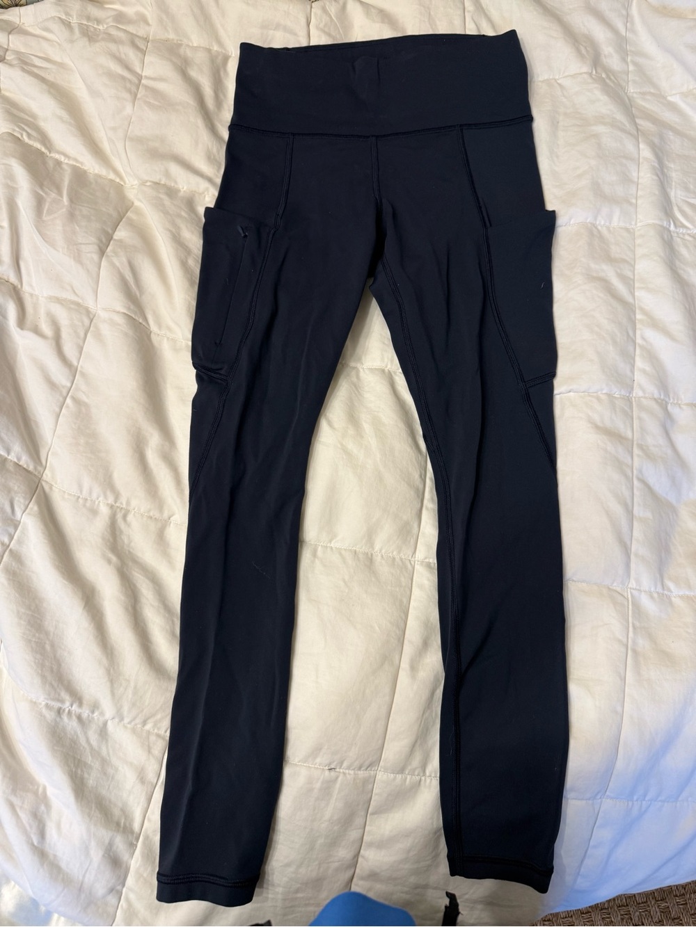 High-Rise Black/Dark Grey/Navy Workout Leggings with Side Pockets. Athleta XS